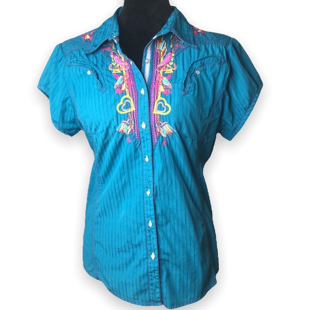 Johnny Was 3J Blouse Short Sleeve Deep Turquoise Embroidered Floral Size L